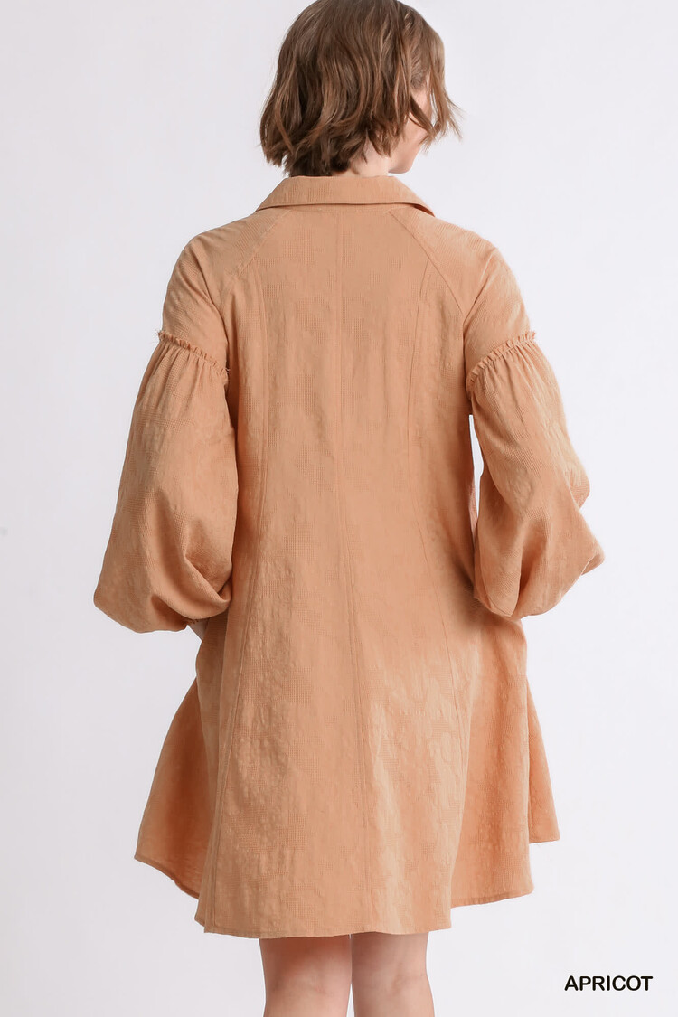 Umgee Textured Button Front Collar Balloon Sleeve Dress with Pockets