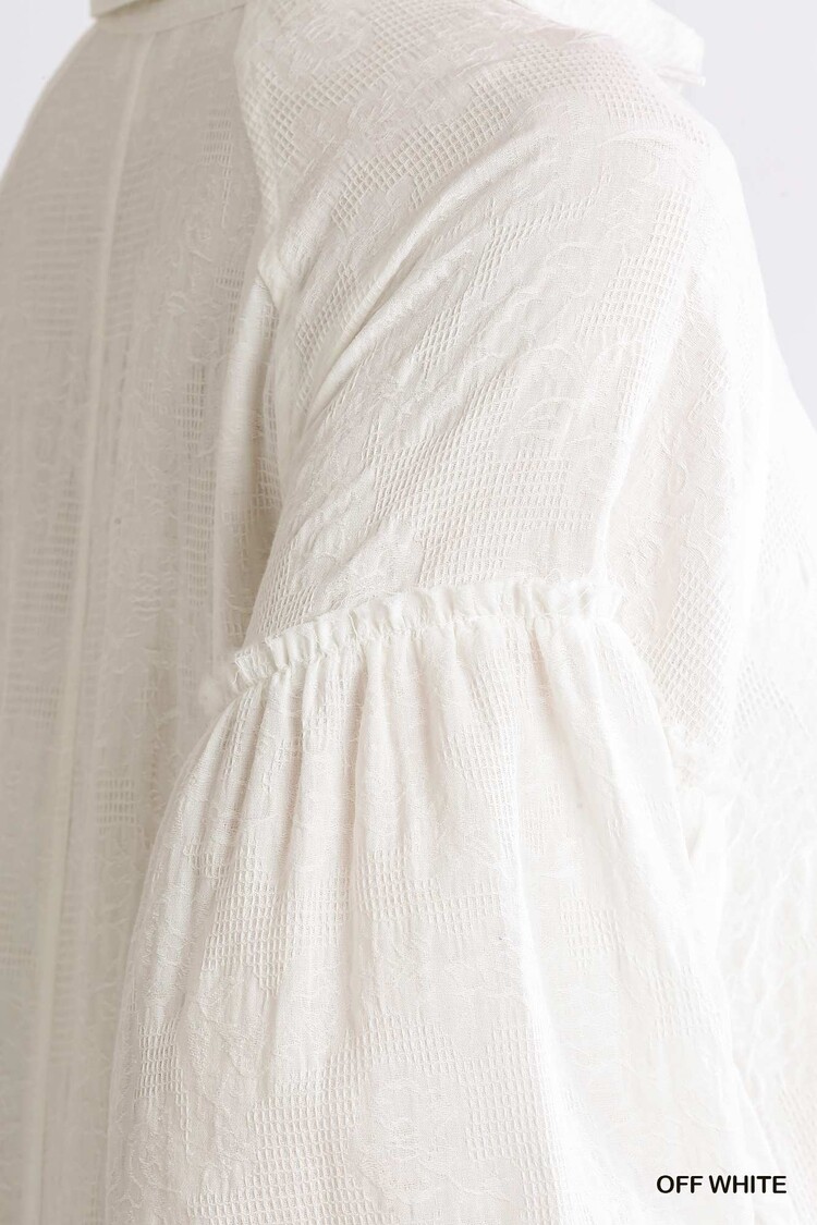 Umgee Textured Button Front Collar Balloon Sleeve Dress with Pockets