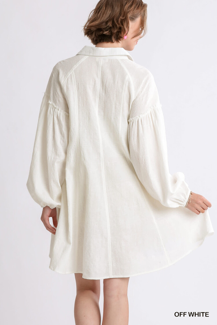 Umgee Textured Button Front Collar Balloon Sleeve Dress with Pockets