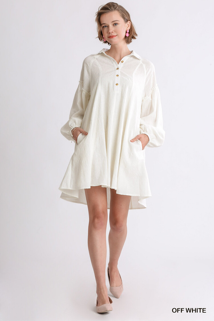 Umgee Textured Button Front Collar Balloon Sleeve Dress with Pockets