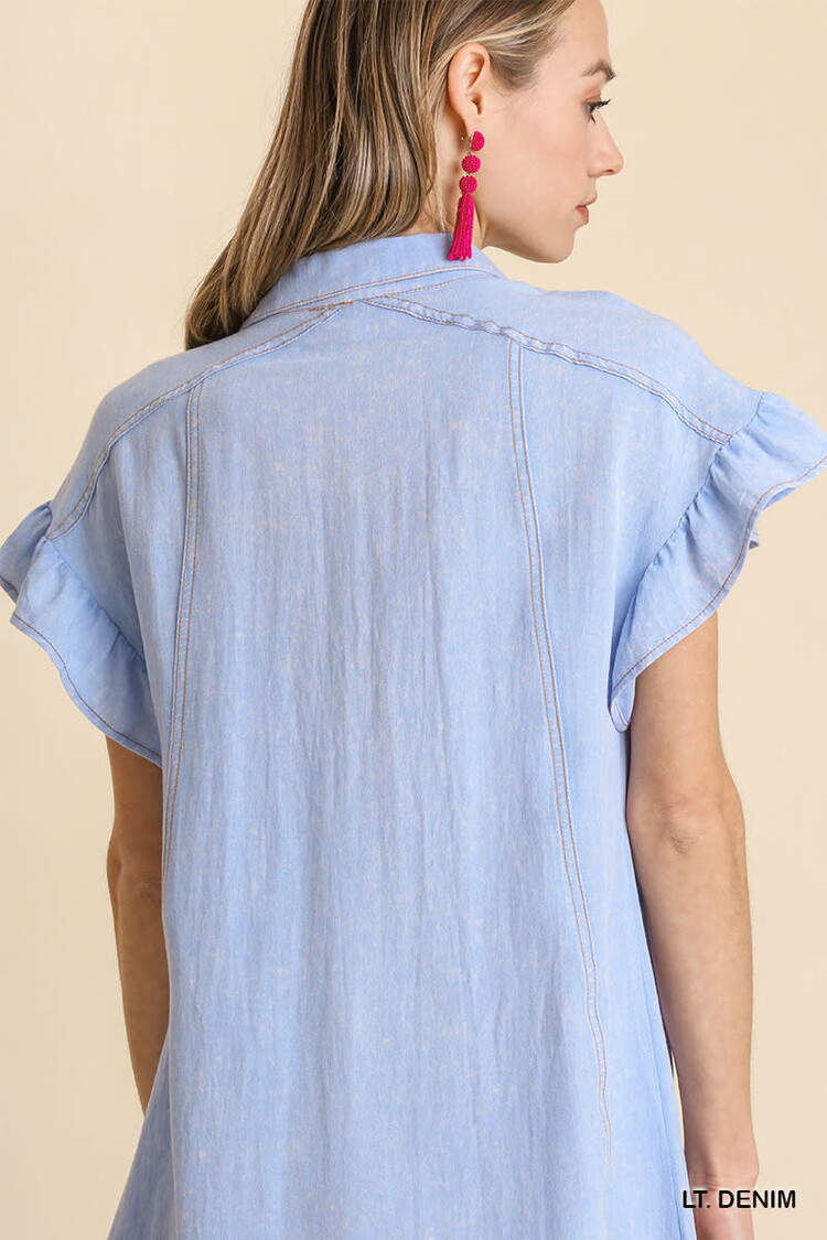Umgee Snow Washed Button Down Ruffle Short Sleeve Dress with No Lining