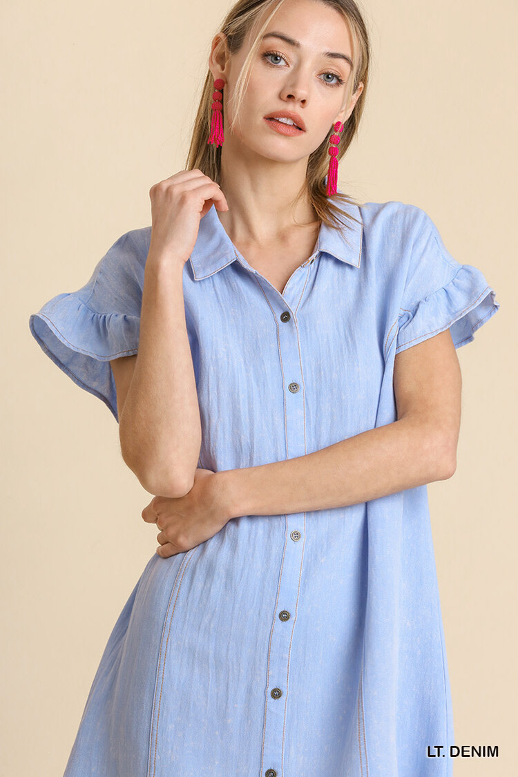 Umgee Snow Washed Button Down Ruffle Short Sleeve Dress with No Lining