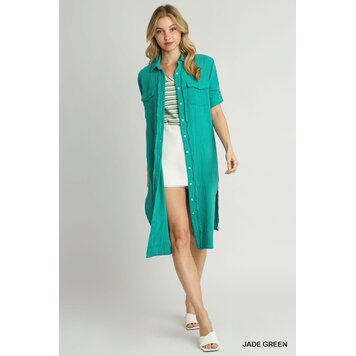 Umgee Button Up Cotton Gauze Midi Dress with Pocket Details