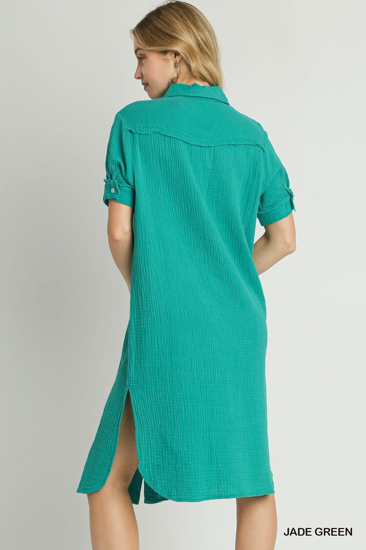 Umgee Button Up Cotton Gauze Midi Dress with Pocket Details