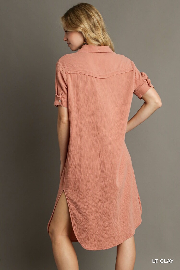 Umgee Button Up Cotton Gauze Midi Dress with Pocket Details