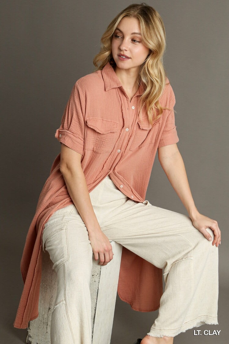 Umgee Button Up Cotton Gauze Midi Dress with Pocket Details