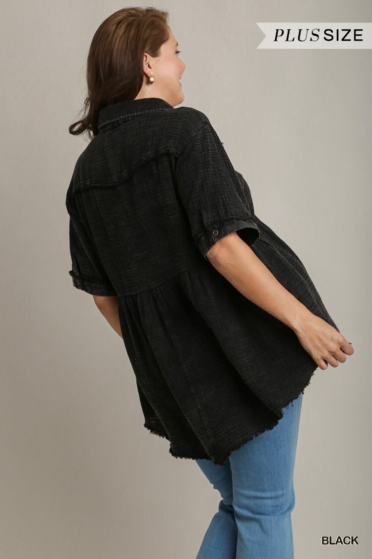 Umgee Mineral Wash Button Down Tunic  with Unfinished Hem & No Lining