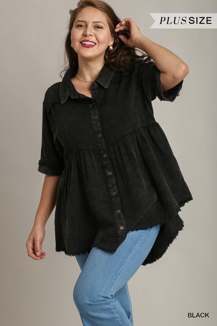 Umgee Mineral Wash Button Down Tunic  with Unfinished Hem & No Lining