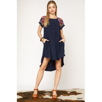 Umgee Linen Short Sleeve Embroidery Dress with High Low Hem & Unfinished Fringe