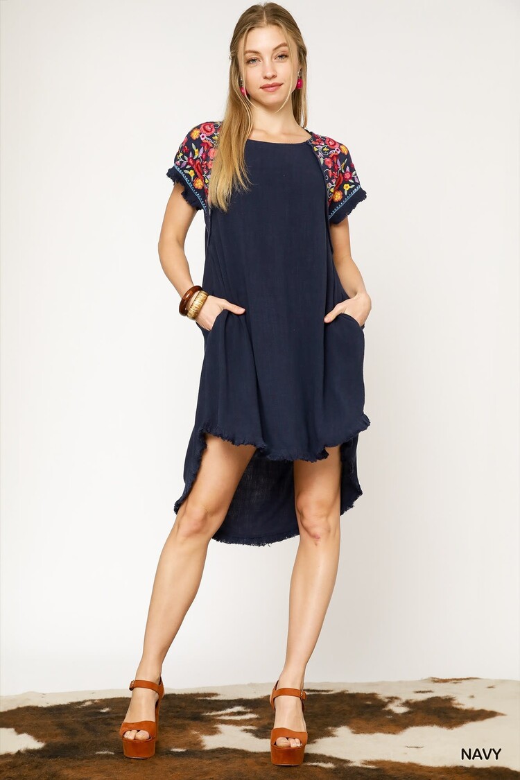 Umgee Linen Short Sleeve Embroidery Dress with High Low Hem & Unfinished Fringe