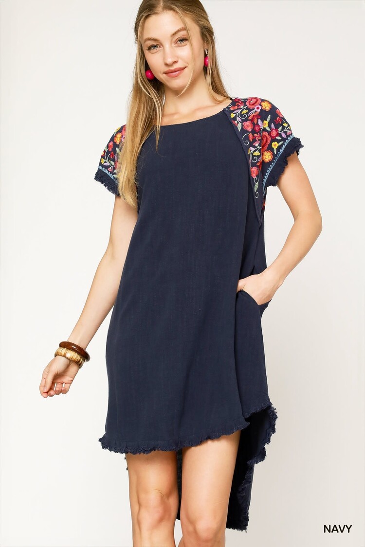 Umgee Linen Short Sleeve Embroidery Dress with High Low Hem & Unfinished Fringe