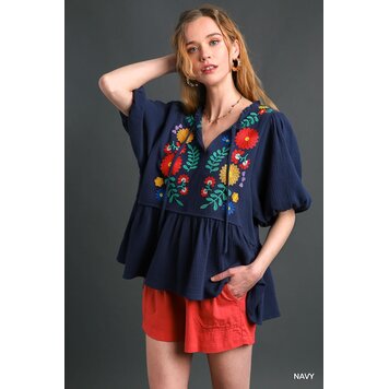 Umgee Dark Cotton Gauze Floral Embroidery BabyDoll Top