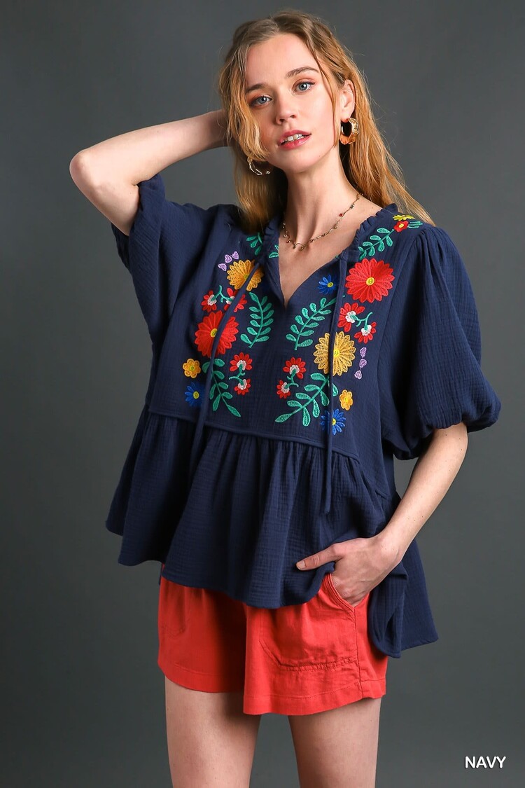 Umgee Cotton Gauze Floral Embroidery BabyDoll Top, 3/4 Long Sleeve & Drawstring Detail
