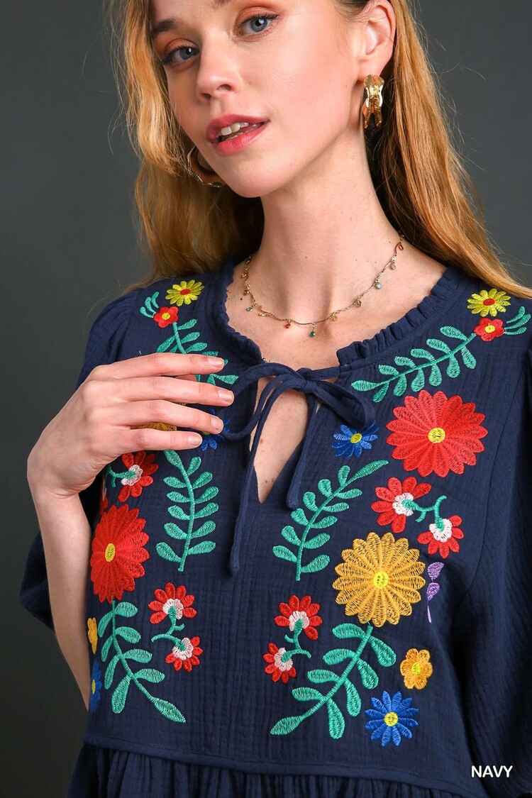 Umgee Dark Cotton Gauze Floral Embroidery BabyDoll Top