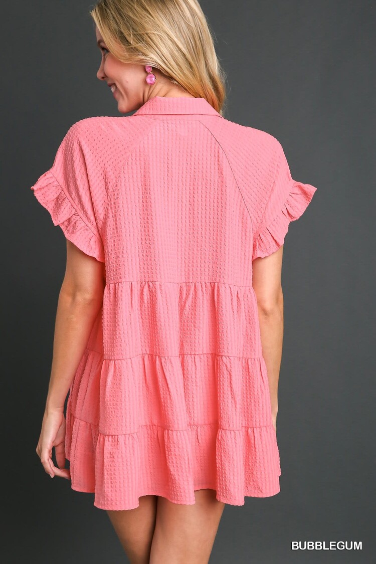 Umgee Texture Fabric, Short Ruffle Sleeve Button Down Tiered Top