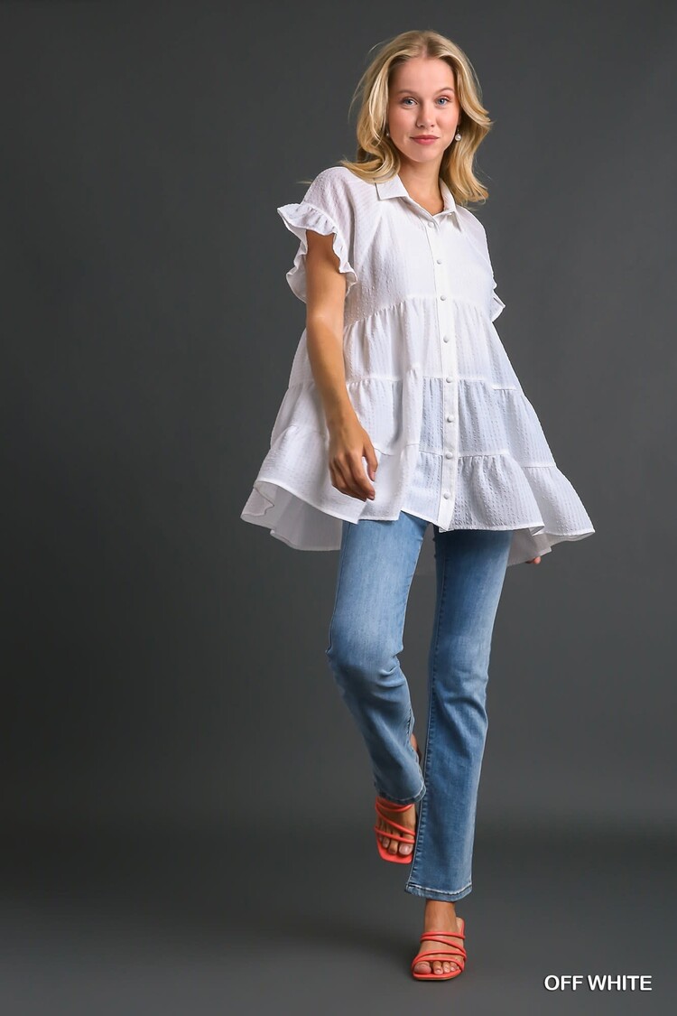 Umgee Texture Fabric, Short Ruffle Sleeve Button Down Tiered Top