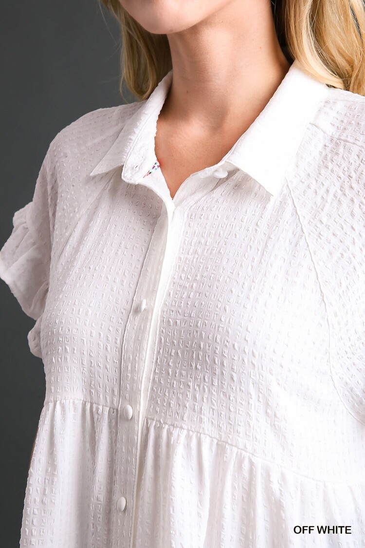 Umgee Texture Fabric, Short Ruffle Sleeve Button Down Tiered Top