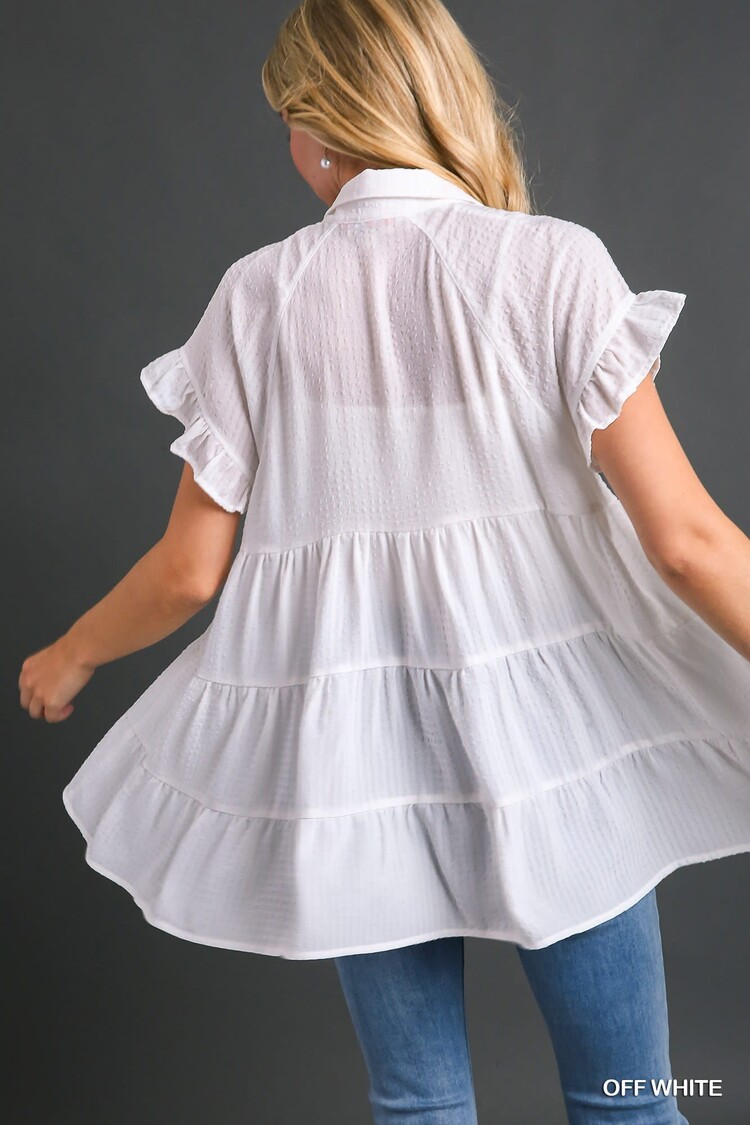 Umgee Texture Fabric, Short Ruffle Sleeve Button Down Tiered Top