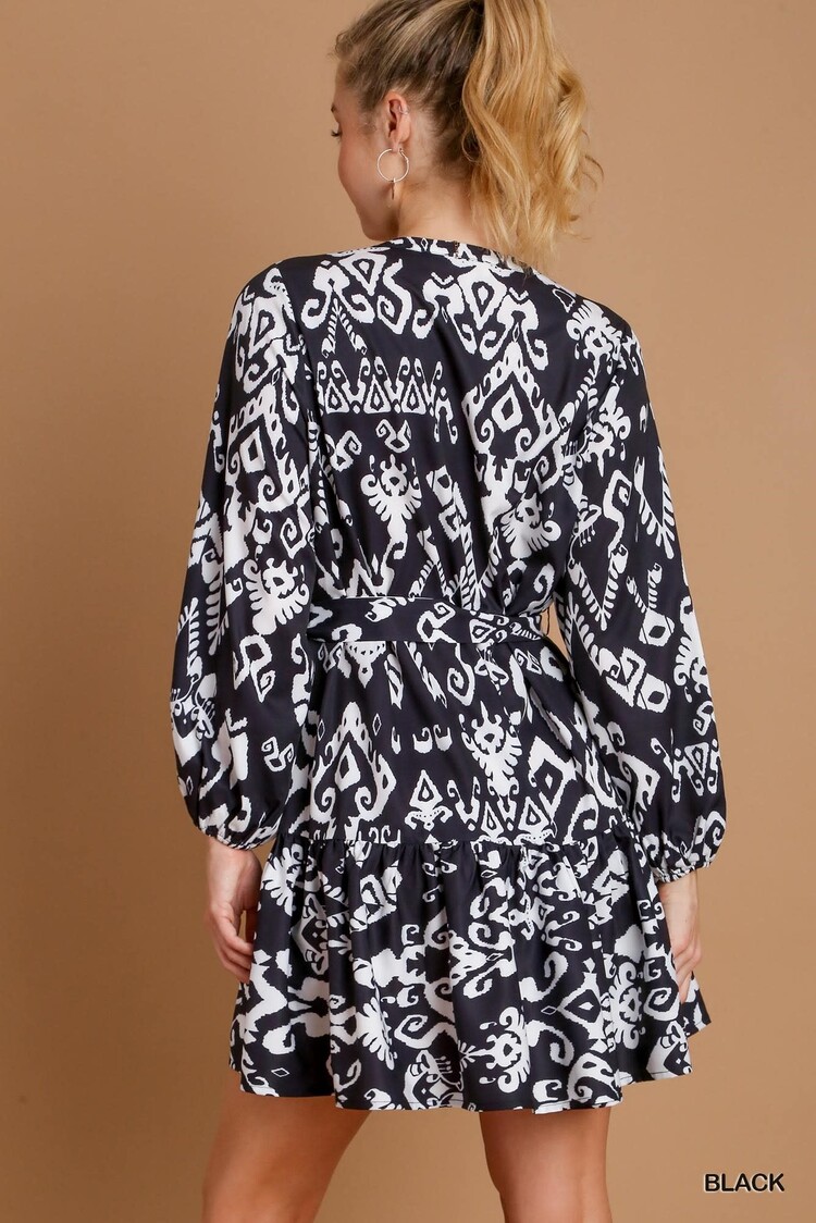 Umgee Mixed Print Dress with Lace Tape Details and Functional Waist Tie