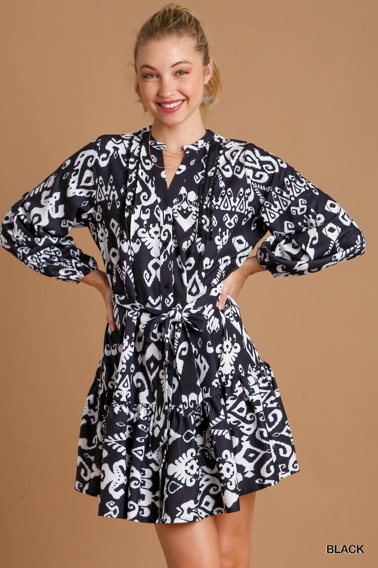 Umgee Mixed Print Dress with Lace Tape Details and Functional Waist Tie