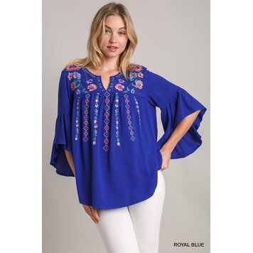 Umgee V-Notched Embroidery Detail Top with 3/4 Bell Sleeves