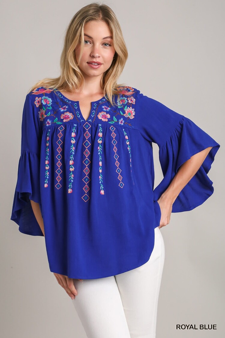 Umgee V-Notched Embroidery Detail Top with 3/4 Bell Sleeves