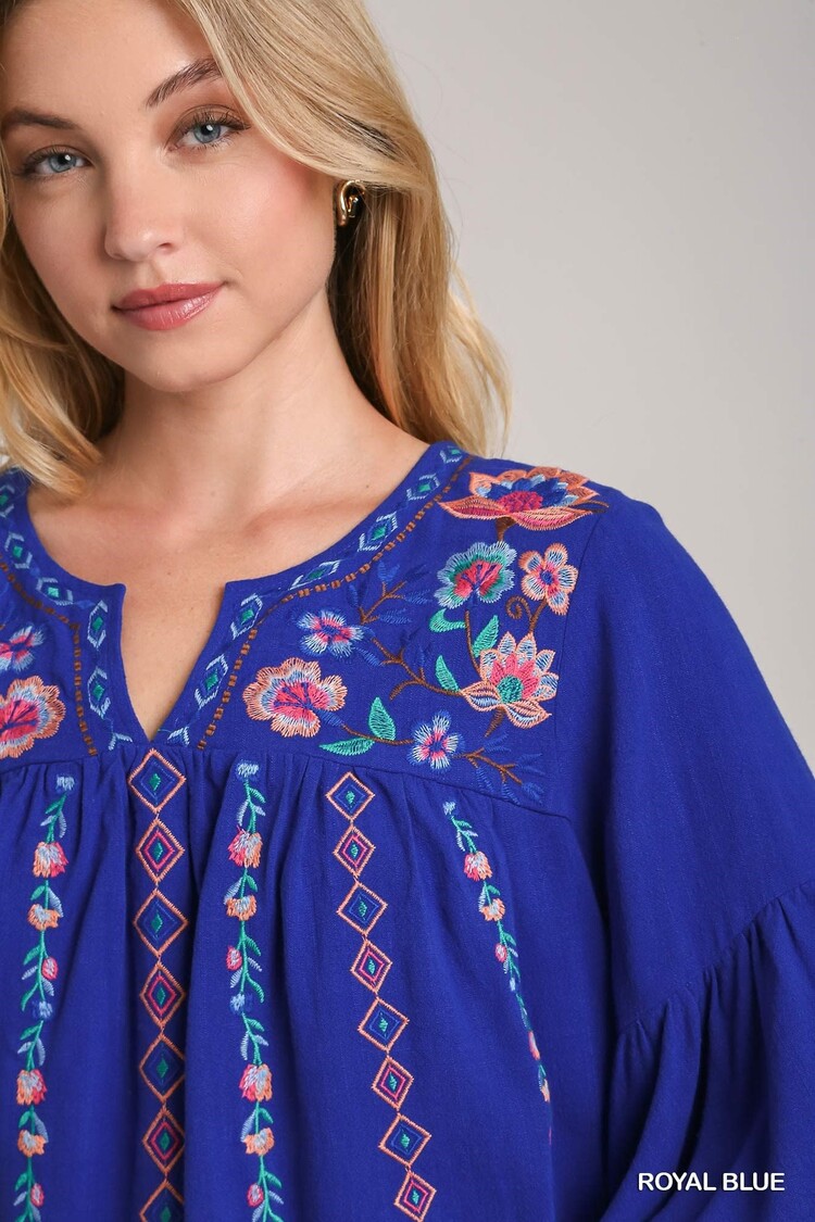 Umgee V-Notched Embroidery Detail Top with 3/4 Bell Sleeves