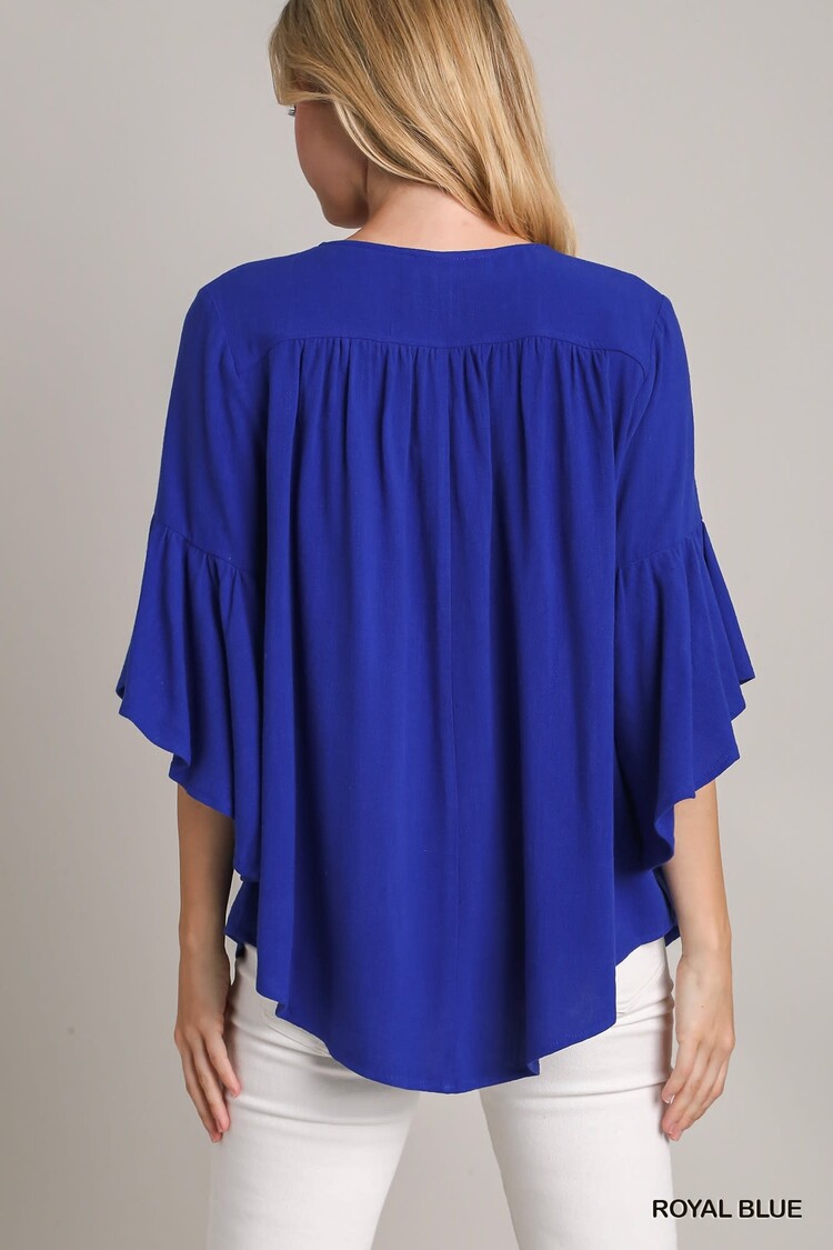 Umgee V-Notched Embroidery Detail Top with 3/4 Bell Sleeves
