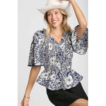 Umgee Two Tone Paisley Print Top