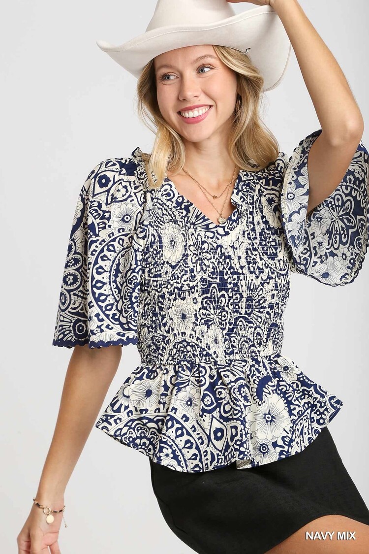 Umgee Two Tone Paisley Print Top