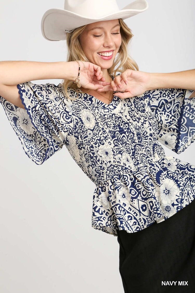 Umgee Two Tone Paisley Print Top