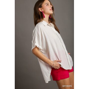 Umgee Textured Cotton High Low Collared Button Down Top