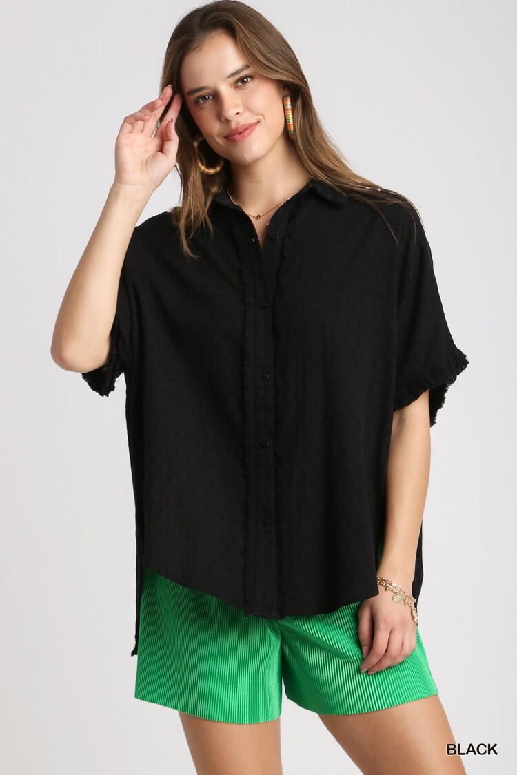 Umgee Textured Cotton High Low Collared Button Down Top