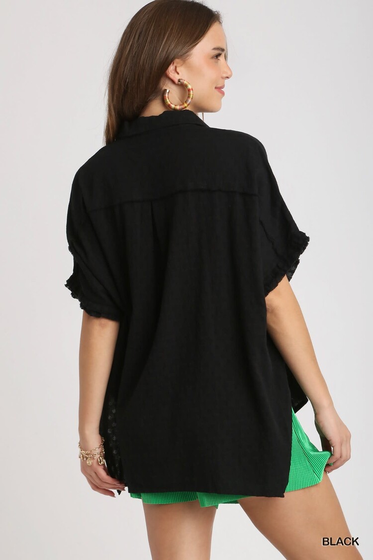 Umgee Textured Cotton High Low Collared Button Down Top