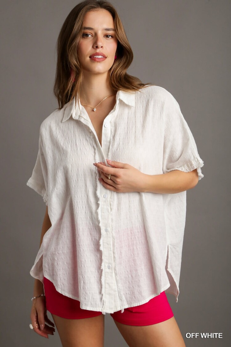 Umgee Textured Cotton High Low Collared Button Down Top