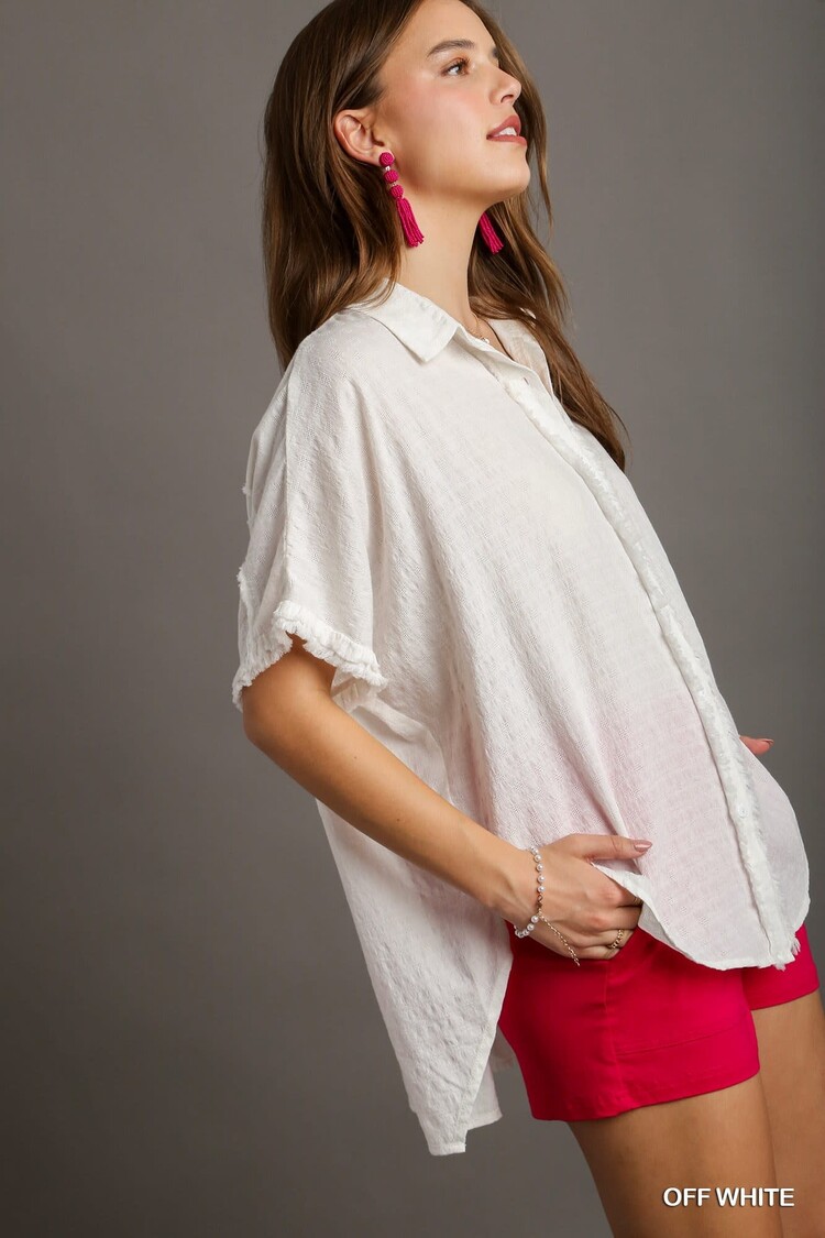 Umgee Textured Cotton High Low Collared Button Down Top