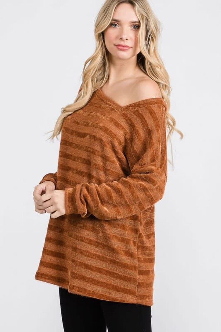 Fashion Go Plus Chenille Stripe Asymmetrical Long Sleeve Top