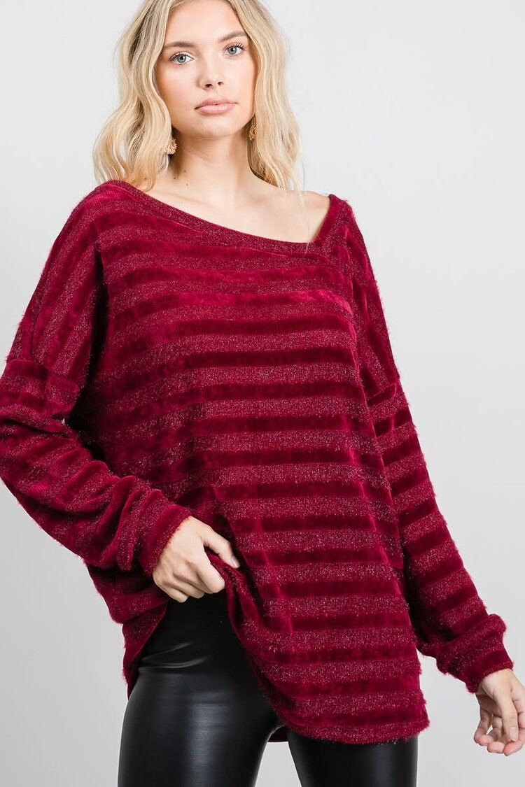 Fashion Go Plus Chenille Stripe Asymmetrical Long Sleeve Top