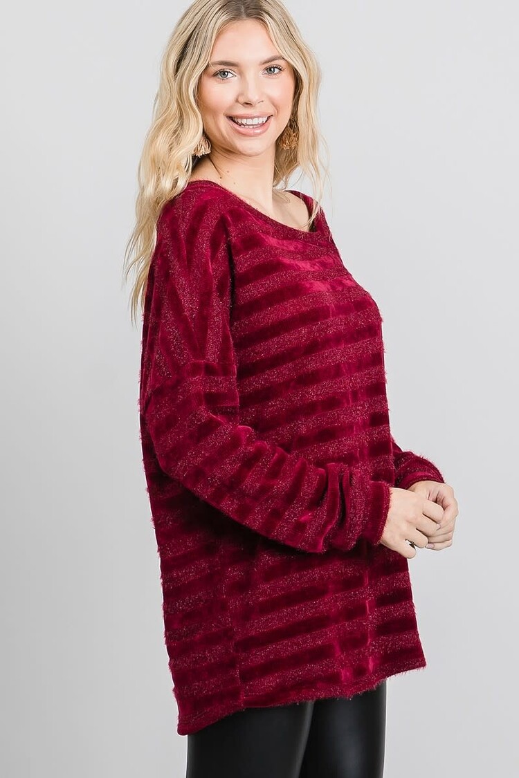 Fashion Go Plus Chenille Stripe Asymmetrical Long Sleeve Top