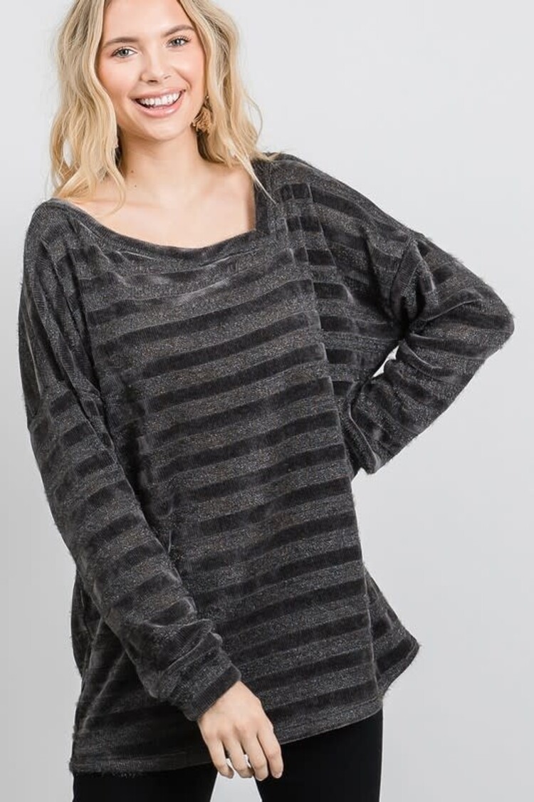 Fashion Go Plus Chenille Stripe Asymmetrical Long Sleeve Top