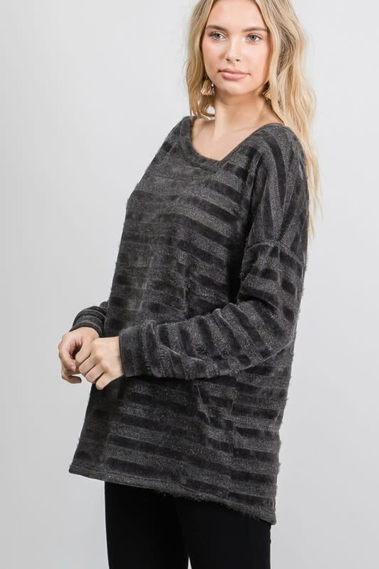 Fashion Go Plus Chenille Stripe Asymmetrical Long Sleeve Top
