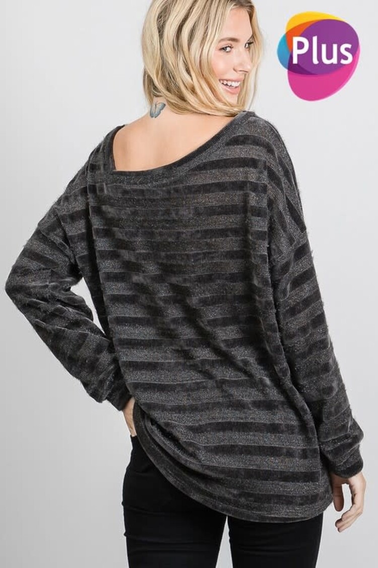 Fashion Go Plus Chenille Stripe Asymmetrical Long Sleeve Top