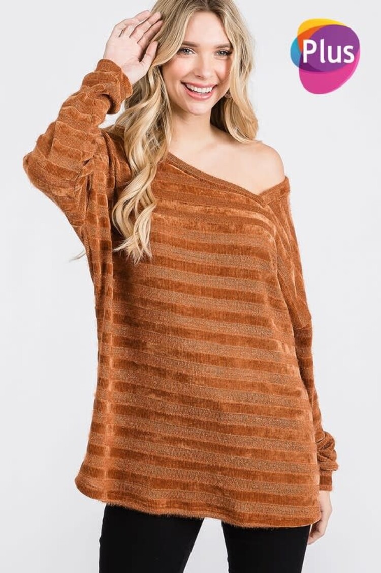 Fashion Go Plus Chenille Stripe Asymmetrical Long Sleeve Top