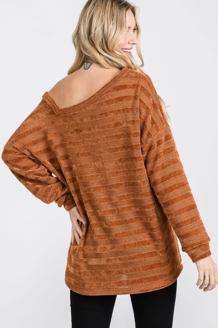 Fashion Go Plus Chenille Stripe Asymmetrical Long Sleeve Top