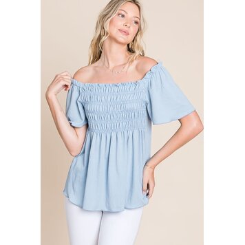 Gauze Jersey Short Sleeve Knit Top With Smocking Detail