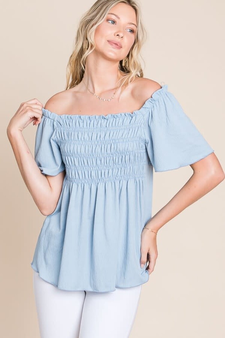 Gauze Jersey Short Sleeve Knit Top With Smocking Detail