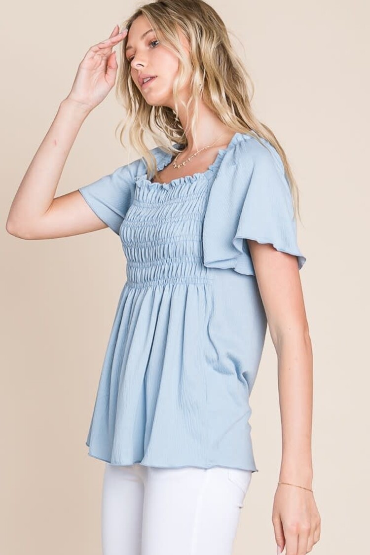 Gauze Jersey Short Sleeve Knit Top With Smocking Detail