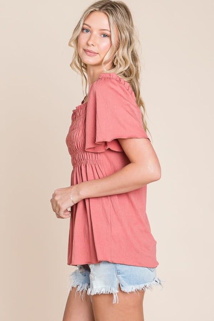 Gauze Jersey Short Sleeve Knit Top With Smocking Detail