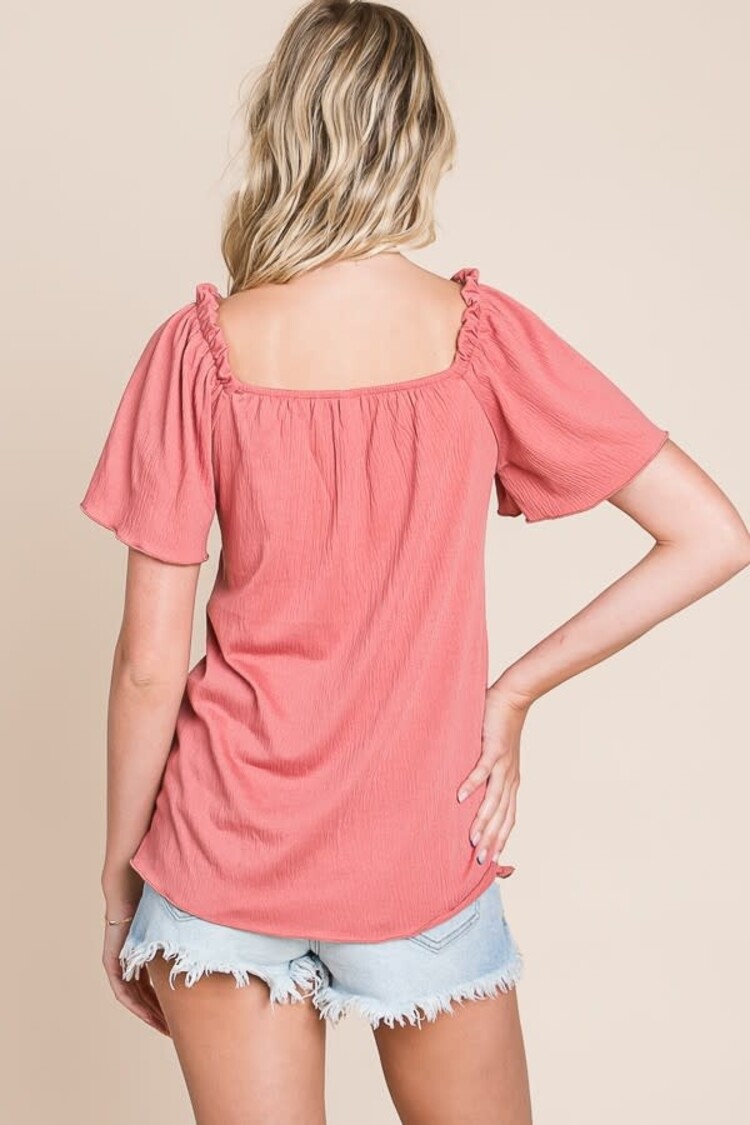 Gauze Jersey Short Sleeve Knit Top With Smocking Detail