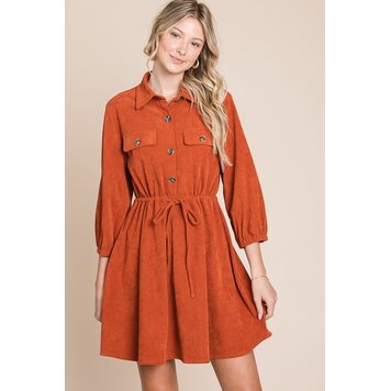 Corduroy Woven Mini Dress With Waist Tie